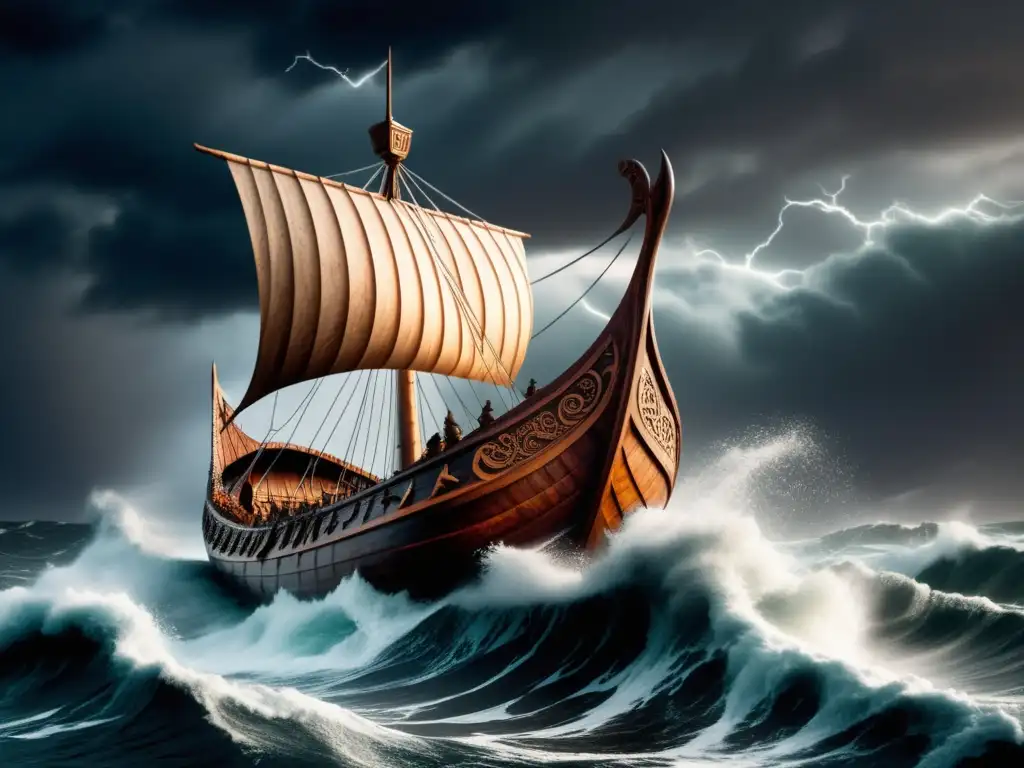 Escena épica de un barco Vikingo navegando en aguas turbulentas, evocando las expediciones vikingas