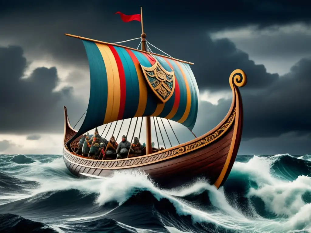 Imagen detallada de una expedición vikinga en un barco adornado con carvings y escudos coloridos, navegando en aguas turbulentas del Atlántico Norte