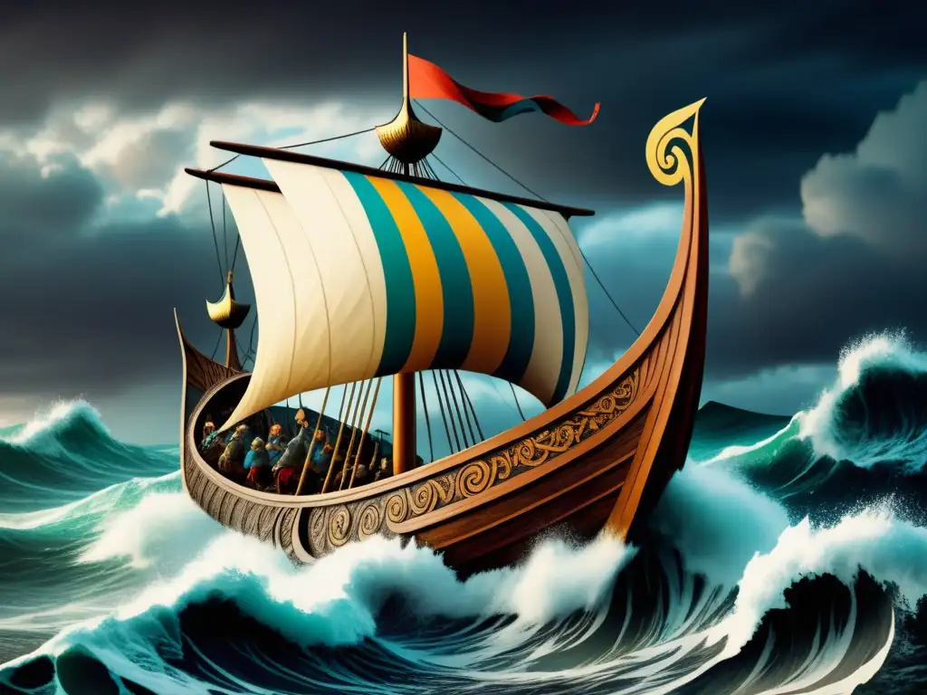 Ilustración detallada de un majestuoso barco vikingo navegando en mares turbulentos, adornado con escudos y tallados