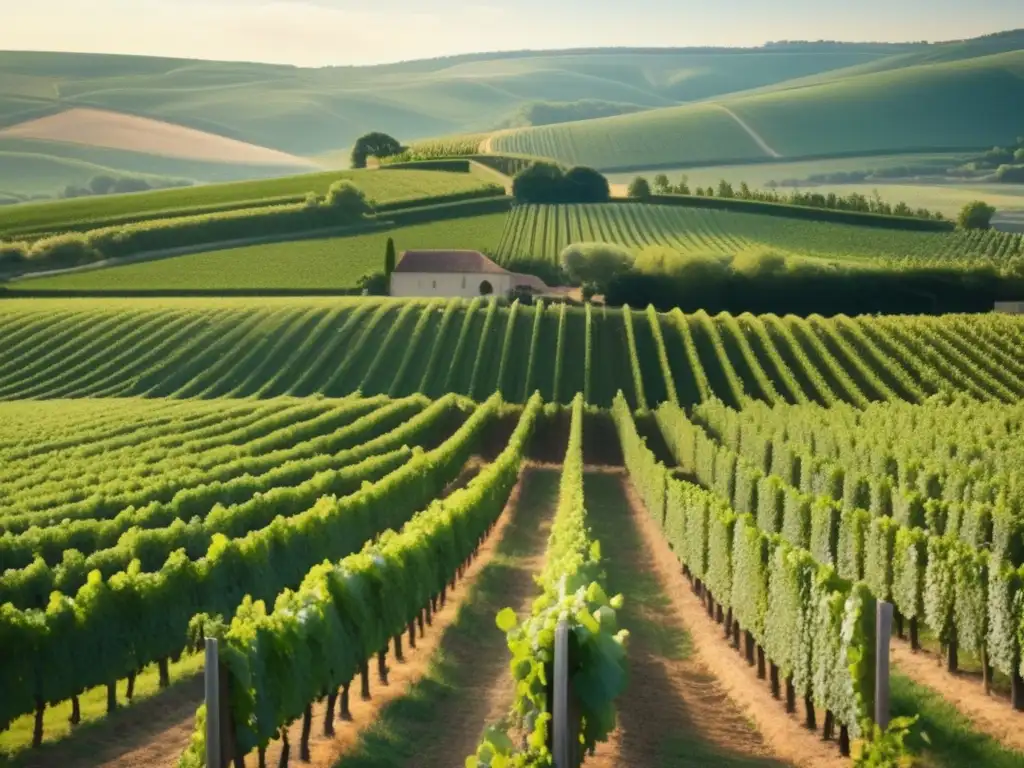 Historia del champán en una viña francesa del siglo XVIII, con trabajadores cosechando uvas y paisaje pintoresco