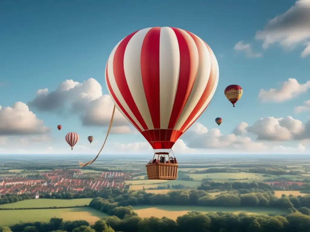 La conquista del cielo: Expediciones aéreas en el siglo XVIII, un globo aerostático vintage rojo y blanco en vuelo con onlookers asombrados