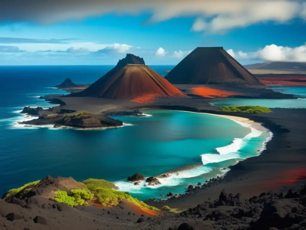 Impresionante imagen vintage de las Islas Galápagos, con paisaje volcánico y tectónico que muestra su historia geológica