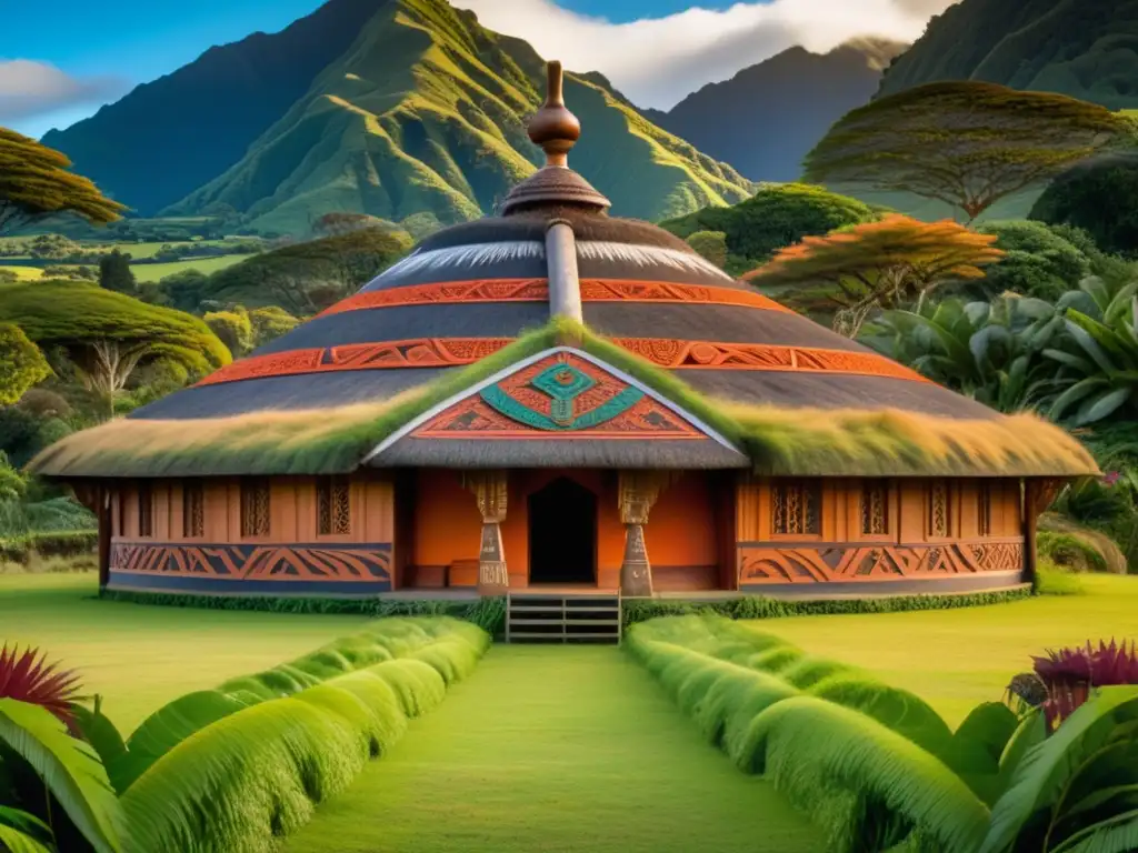 Descubriendo la antigua civilización de los indígenas de Nueva Zelanda: Maori wharenui y paisaje exuberante